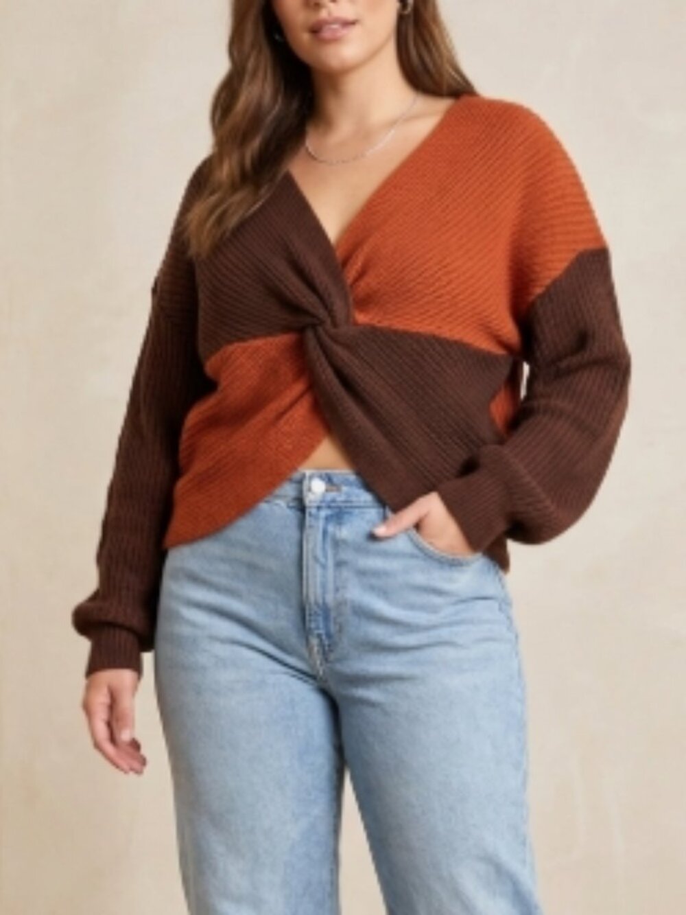 No Boundaries Twist Front Pullover Sweater L Junior Y2K Grunge Colorblock Brown